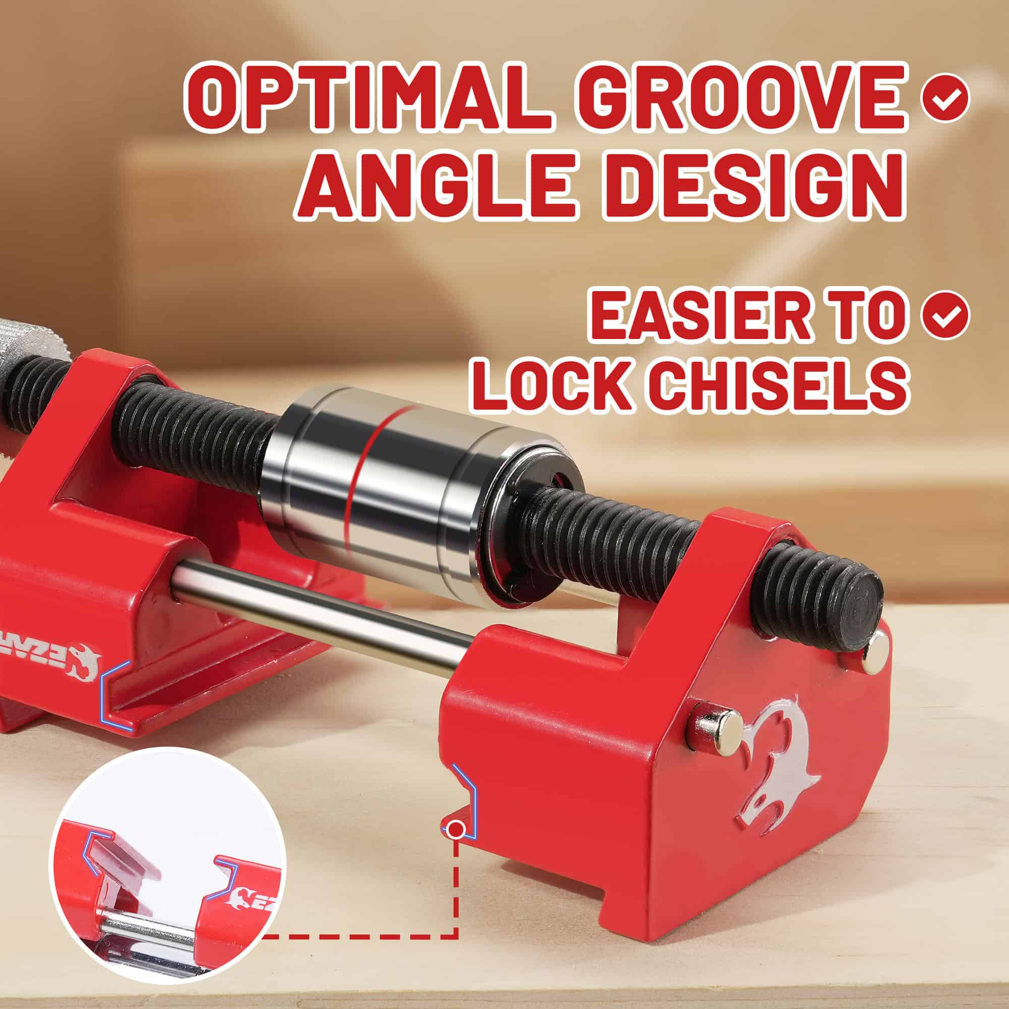 Adjustable lock chisel mechanism with optimal groove angle design for precise woodworking tools.