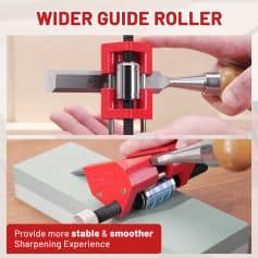 Wider guide roller for efficient blade sharpening, enhancing stability and precision in dental and medical sharpening tools.