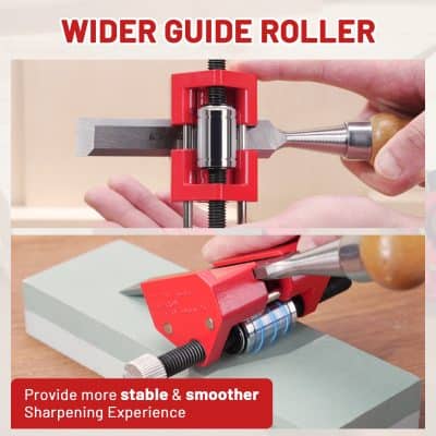 Wider guide roller for efficient blade sharpening, enhancing stability and precision in dental and medical sharpening tools.