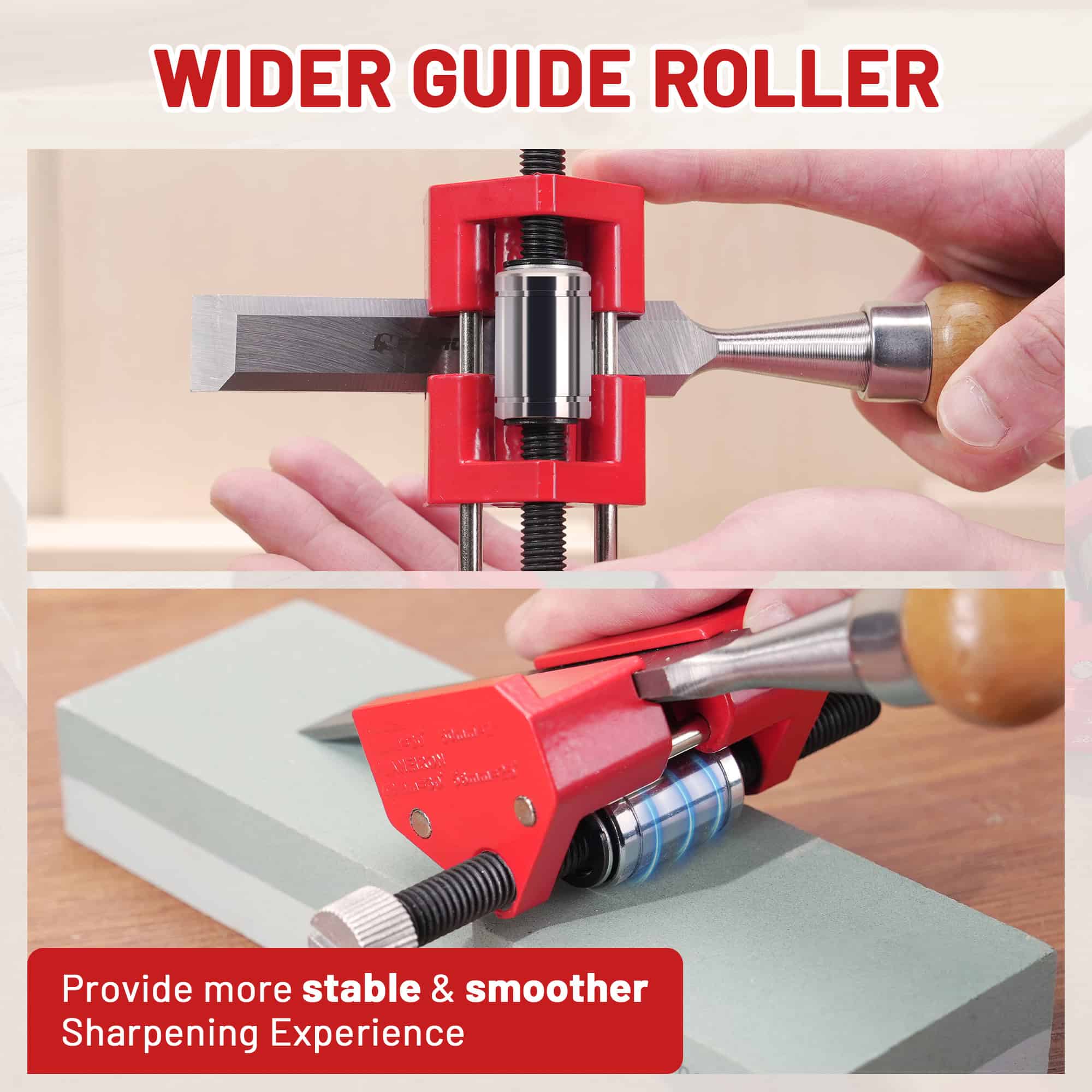 Wider guide roller for efficient blade sharpening, enhancing stability and precision in dental and medical sharpening tools.