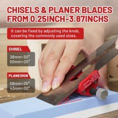 Chisels and planer blades displayed for woodworking, highlighting adjustable sizes from 0.25 inch to 3.87 inches for precise carpentry projects.
