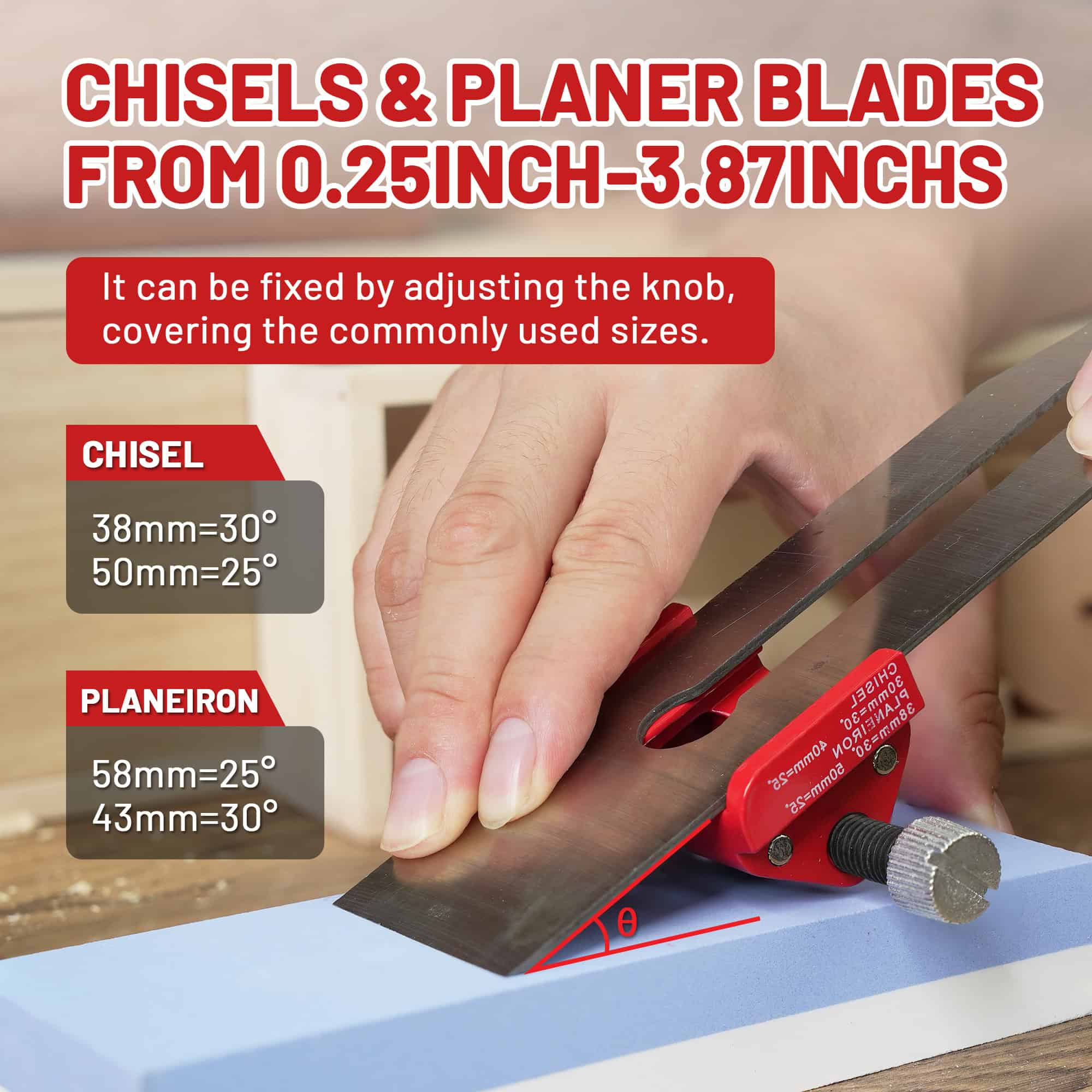 Chisels and planer blades displayed for woodworking, highlighting adjustable sizes from 0.25 inch to 3.87 inches for precise carpentry projects.