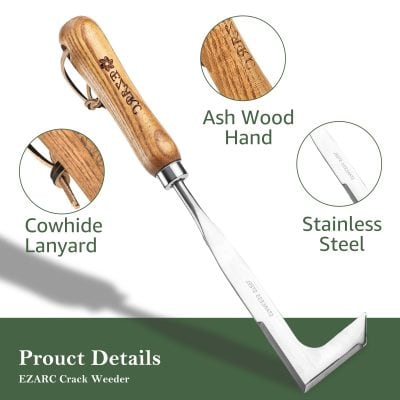 Ash wood handle crack weeder with stainless steel blade and cowhide lanyard for professional stone crack repair. Crafted for durability and precision, ideal for masonry and concrete crack cleaning.