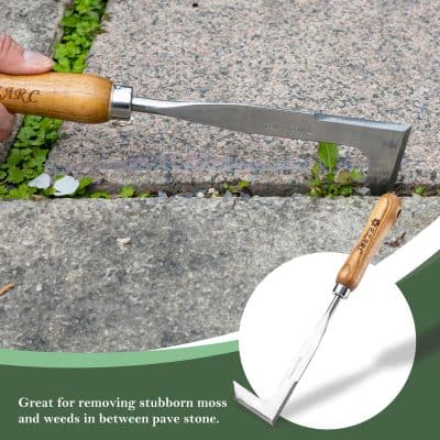 Wide-angle photo of a gardening weeding tool being used to remove stubborn moss and weeds between pavement stone on a garden pathway, with a smaller inset image of the same tool on a white background.