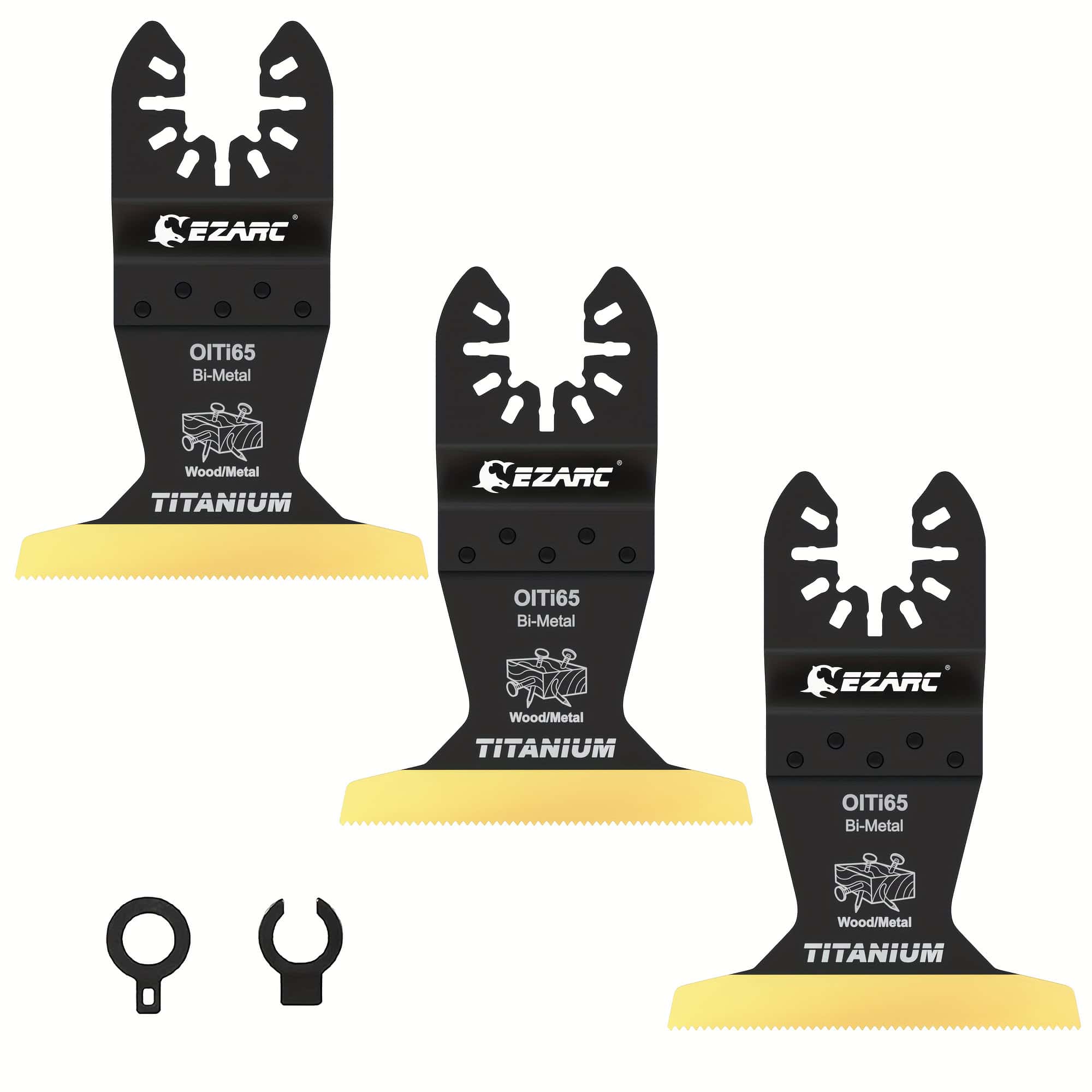 High-quality EZARC OITI65 bi-metal reciprocating saw blades for cutting wood and metal, featuring titanium coating for durability, ideal for professional and DIY projects.