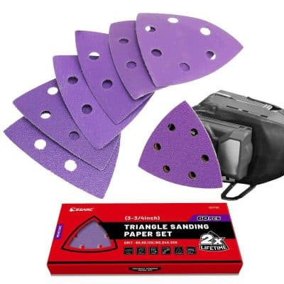 Purple triangle sanding pads for power tools, ideal for surface polishing and grinding, compatible with various sanding machines for efficient woodworking and metalworking projects.