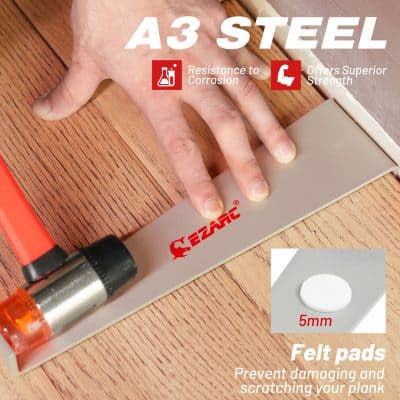 Abrasion-resistant steel leveling tool with felt pads for scratch-free flooring installation.