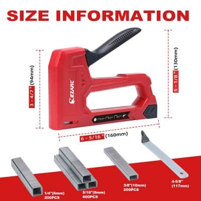 Red cordless stapler with size specifications for woodworking and upholstery projects. Includes staple sizes and quantities for precision fastening, ideal for DIY and professional use.