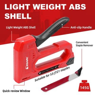 Stainless steel staple gun with ergonomic handle and lightweight ABS shell, ideal for home and office use, featuring quick review window and compatible with 53/IT21 staples.