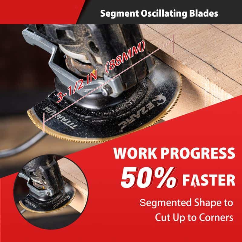 High-quality circular saw with segmented oscillating blades, ideal for precise woodworking projects, cutting up to 88mm deep with enhanced efficiency and faster work progress.