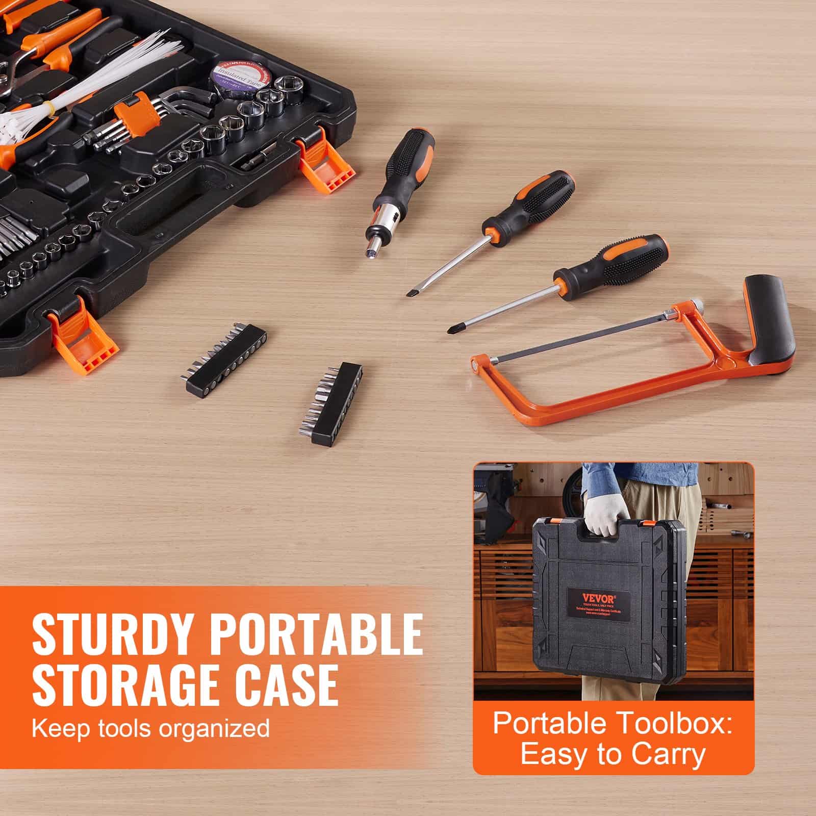 Convenient portable toolbox with a sturdy design, ideal for organizing and transporting tools easily. Perfect for home, workshop, and professional use, ensuring tools stay organized and accessible.