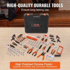 Black tool storage case containing a variety of durable, high-quality hand tools with orange accents, perfect for professional and DIY repairs.