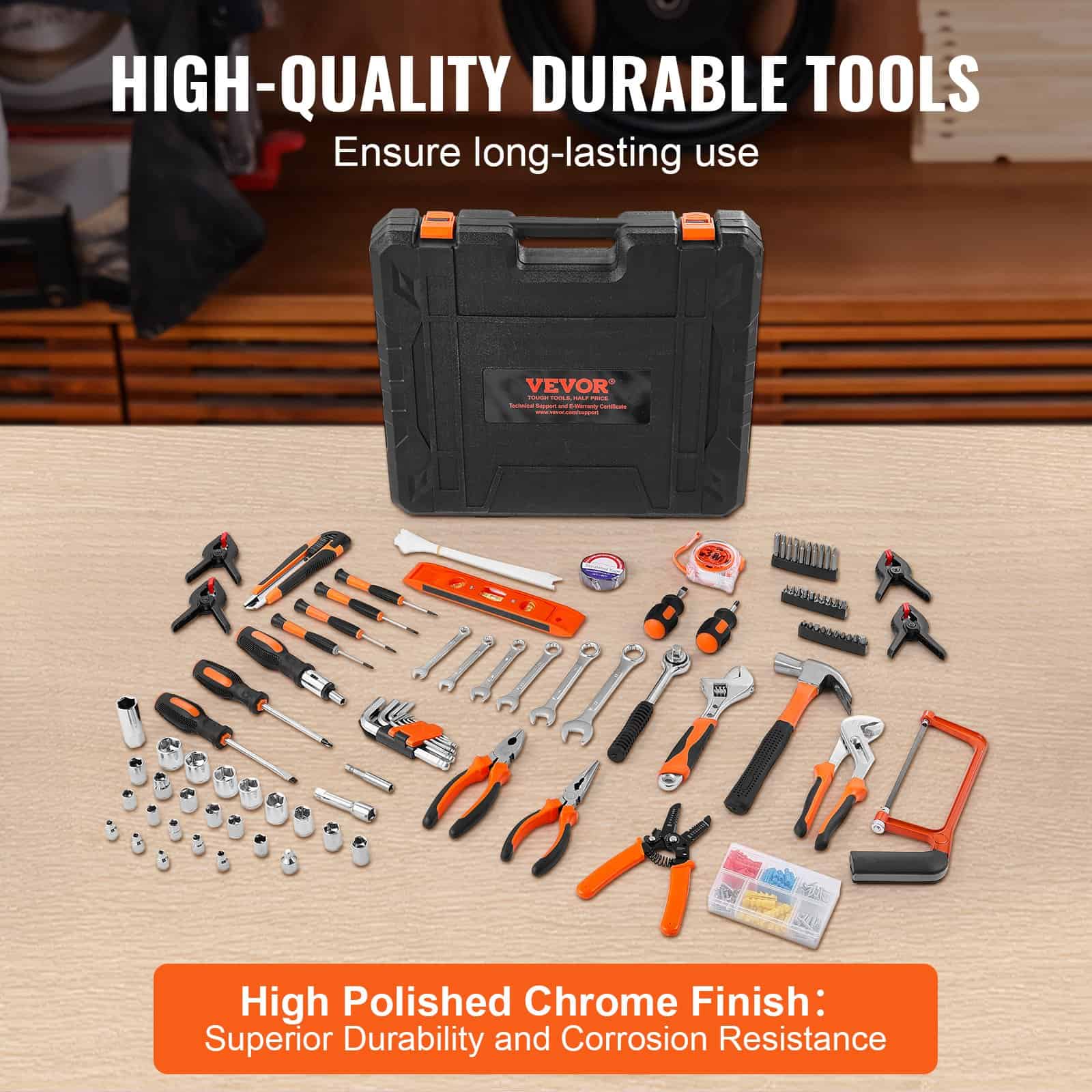 Black tool storage case containing a variety of durable, high-quality hand tools with orange accents, perfect for professional and DIY repairs.