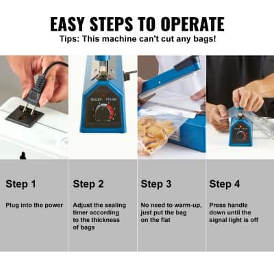 Sealer machine for vacuum packaging of food, with easy-to-follow steps for sealing bags, ideal for food storage, preservation, and commercial use.