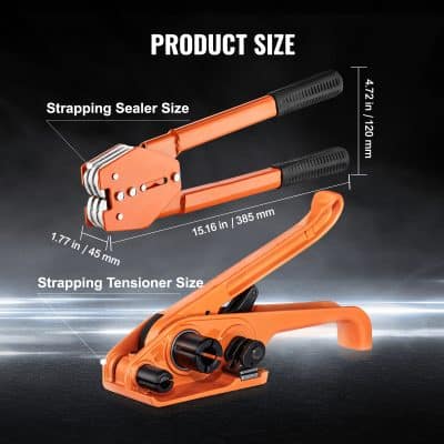 Multi-functional strap tensioner and sealer tool for packaging, with measured dimensions for optimal product sealing and strapping tensioning, ideal for industrial and shipping needs.