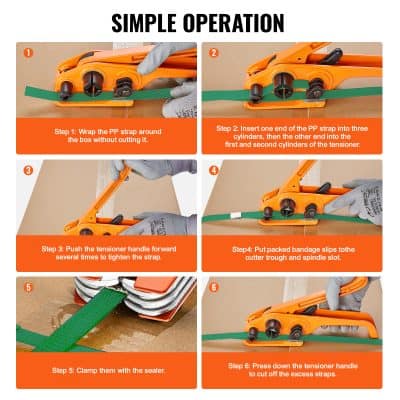 Wrapping and tightening a green strap with an orange tensioner tool for packaging or securing items at Monalisa Medical Store.