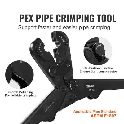 PEX pipe crimping tool for reliable pipe sealing and compression in plumbing projects, featuring smooth polishing, calibration function, and compliance with ASTM F1807 standards.