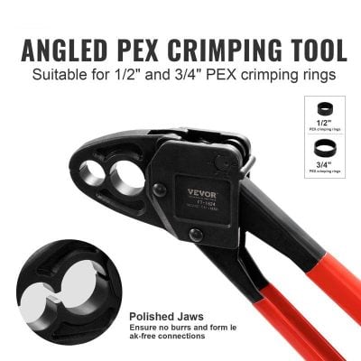 Angle PEX crimping tool for plumbing and fittings, compatible with 1/2" and 3/4" PEX crimping rings, durable design with polished jaws for secure, leak-free connections at Monalisa Store.