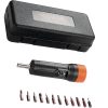 Precision electronic screwdriver set with interchangeable bits for eyeglass and optical device repair, compact storage case for easy organization.