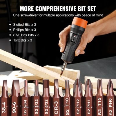 Slotted, Phillips, SAE Hex, and Torx bits set with various sizes for woodworking and repair projects.