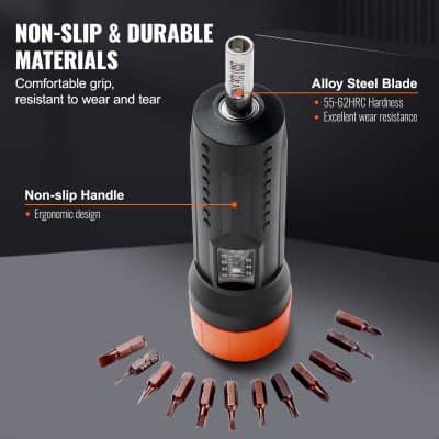Aluminum handle with screwdriver bits, durable electric screwdriver with ergonomic non-slip grip, ideal for household and professional use.