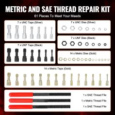 UNC and UNF thread repair kit for automotive and machinery, including silver and black taps and dies, gold and silver metric nuts and bolts, with thread files for maintenance.