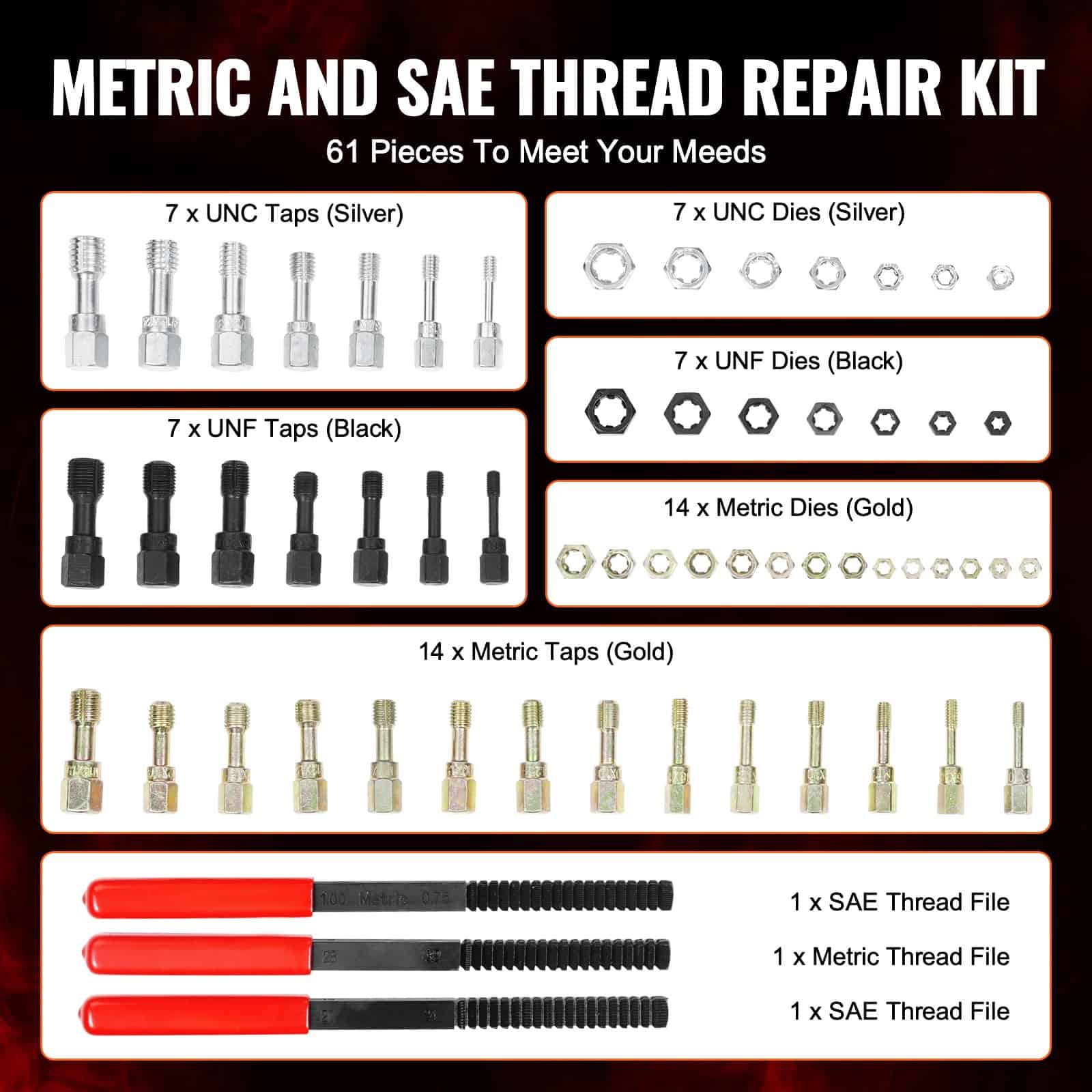UNC and UNF thread repair kit for automotive and machinery, including silver and black taps and dies, gold and silver metric nuts and bolts, with thread files for maintenance.