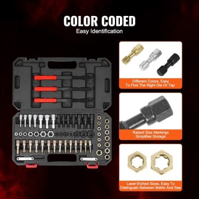 Color coded socket set for precise automotive and mechanical work with different colored taps, raised size markings for easy storage, and laser-etched sizes for clear distinction between metric and SAE measurements.