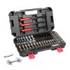 Precision automotive socket and tool set with various socket sizes, ratchets, and accessories inside a durable plastic case for car repairs and maintenance.
