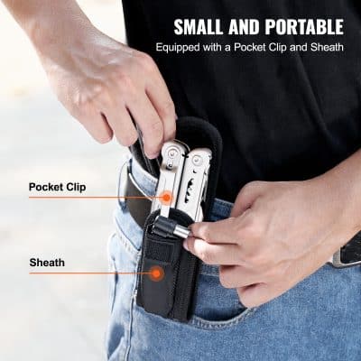 Compact multi-tool with pocket clip and sheath ideal for everyday carry, outdoor activities, and emergency kits. Durable stainless steel construction, portable, convenient, and easy to access.