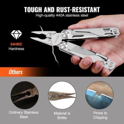 High-quality stainless steel multitool pliers with rust-resistant 440A steel, featuring durable and tough construction for professional use and everyday tasks.