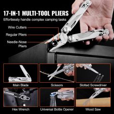 17-in-1 multi-tool pliers for camping, camping gear, emergency tools, and outdoor equipment, featuring wire cutters, scissors, screwdrivers, bottle opener, and saw.