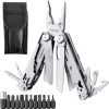 Multi-tool pocket knife with screwdriver bits, carrying case, and adjustable pliers for home, camping, and outdoor repair tasks.