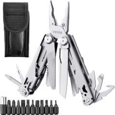 Multi-tool pocket knife with screwdriver bits, carrying case, and adjustable pliers for home, camping, and outdoor repair tasks.