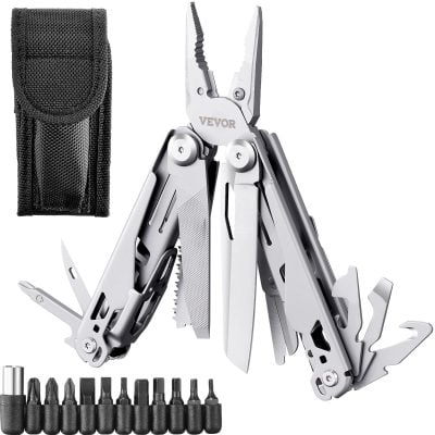 Multi-tool pocket knife with screwdriver bits, carrying case, and adjustable pliers for home, camping, and outdoor repair tasks.