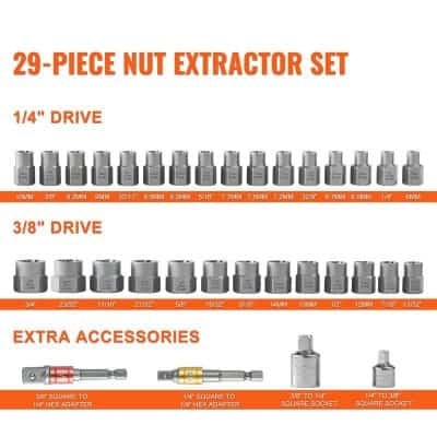 29-piece nut extractor set for automotive and machinery repair, includes various sizes for 1/4" and 3/8" drive tools, with additional extra accessories for versatile use at Monalisa Store.