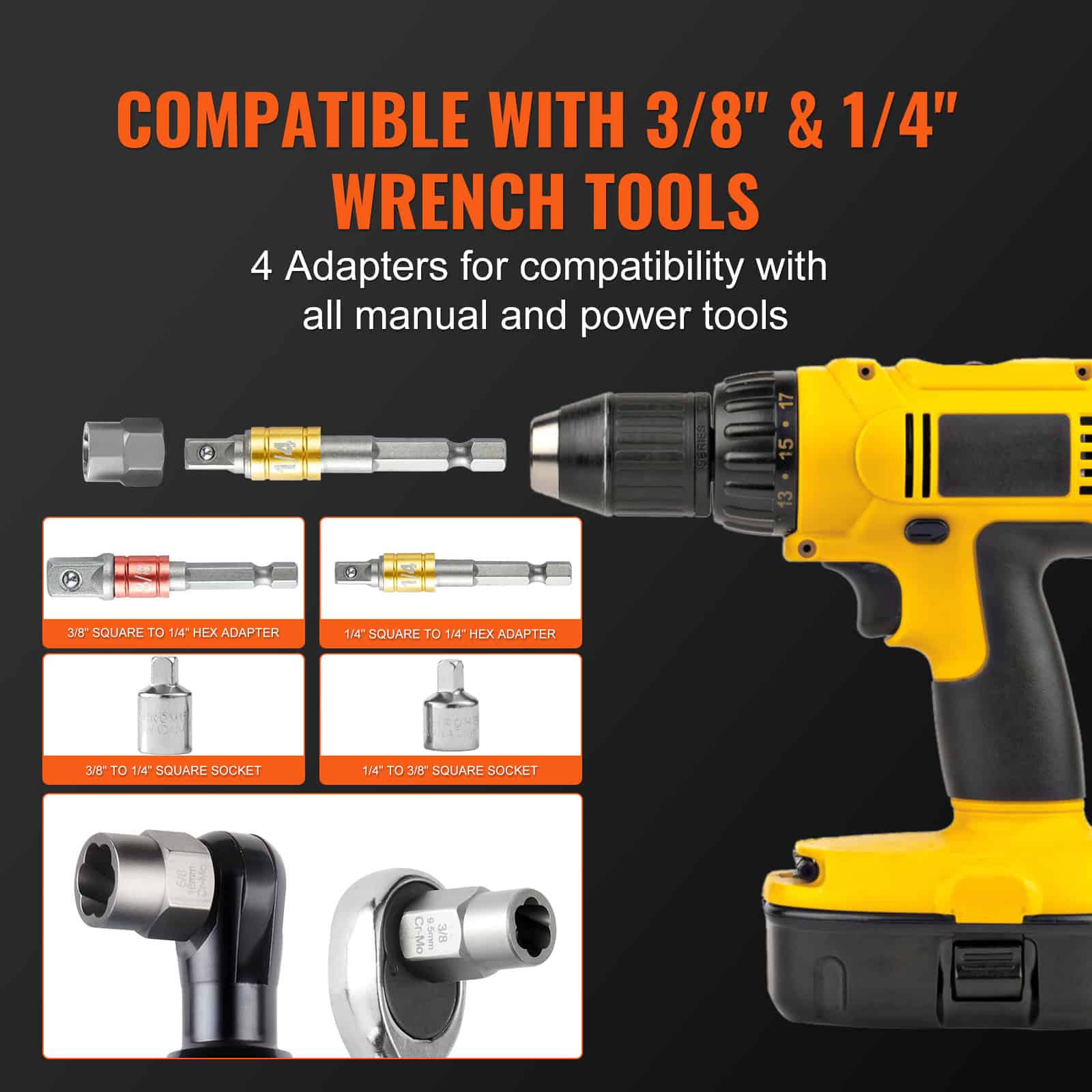 Compatible with 3/8" and 1/4" wrench tools, featuring adapters and sockets for manual and power tool use, ideal for professional opt repair.