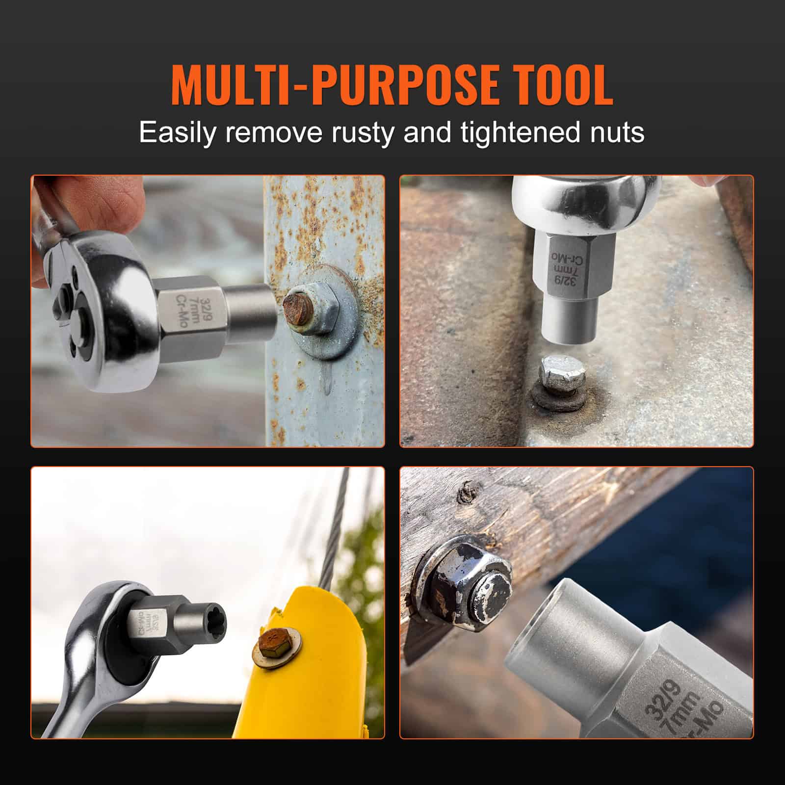 Bolt extractor tool for removing rusted and tight nuts - multi-purpose automotive and industrial wrench.