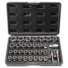 Socket set with various sizes for automotive and mechanical repair, stored in a durable black case, ideal for professional and DIY mechanics.