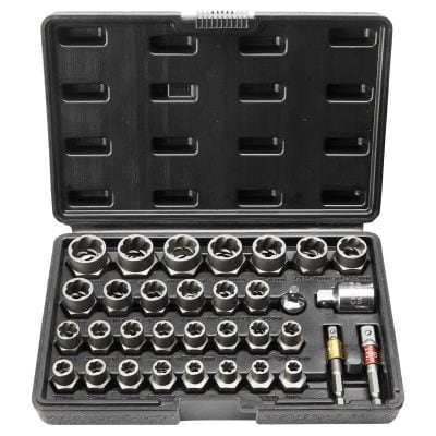 Socket set with various sizes for automotive and mechanical repair, stored in a durable black case, ideal for professional and DIY mechanics.