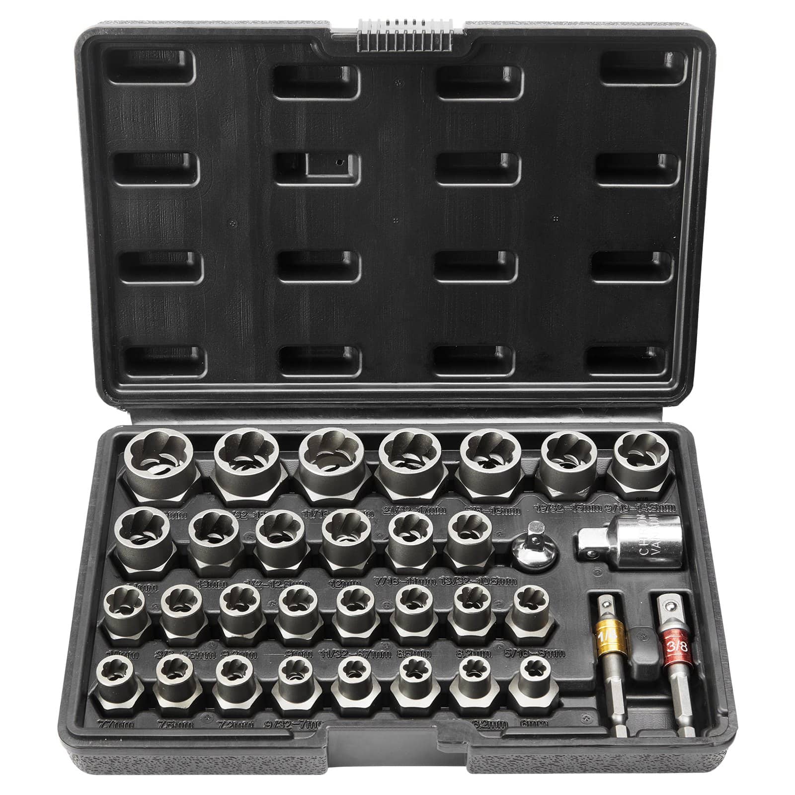 Socket set with various sizes for automotive and mechanical repair, stored in a durable black case, ideal for professional and DIY mechanics.