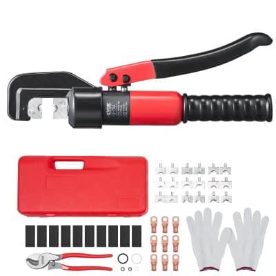 Heavy-duty hydraulic crimping tool for wire and cable connections, with interchangeable dies and safety gloves for electrical and industrial applications.