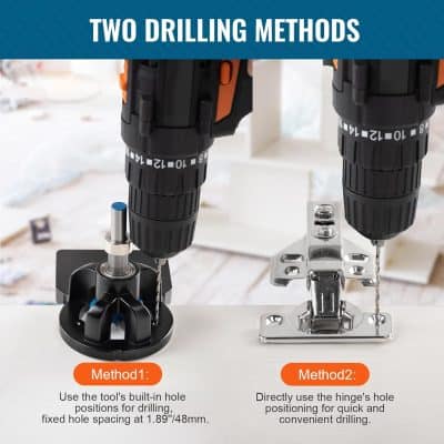 Drilling methods comparison with power drill and hinge drilling technique for precise woodworking, featuring two distinct drilling approaches suitable for furniture and carpentry projects.