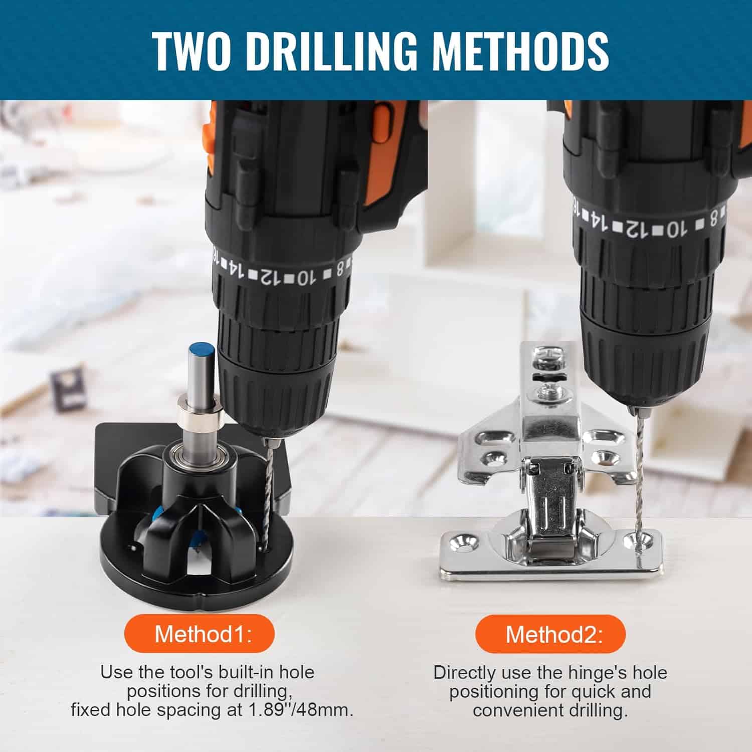 Drilling methods comparison with power drill and hinge drilling technique for precise woodworking, featuring two distinct drilling approaches suitable for furniture and carpentry projects.
