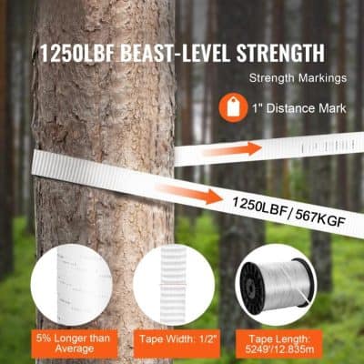 High-strength white tape wrapping a tree for secure marking and measurement, rated for 1250 pounds force; features 1/2-inch width and 12.835-meter length, ideal for outdoor forestry safety and logging applications.