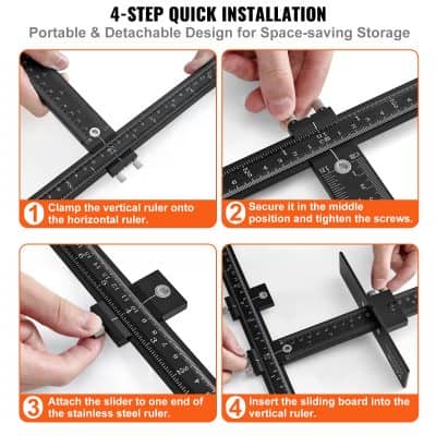 Clampable portable measuring tool for quick, space-saving installation, featuring stainless steel rulers and adjustable sliders. Ideal for precise measurements and easy setup.