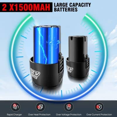 2. Rechargeable 1500mAh large capacity batteries for power tools and electronics.
