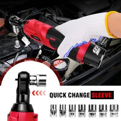 Cordless electric screwdriver in use for automotive repair, demonstrating quick-change sleeve system for efficient tool upgrades.