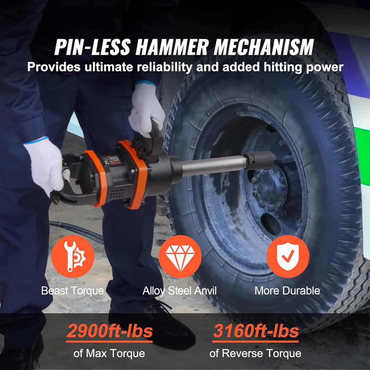 Pin-less hammer mechanism, industrial power tool working on tire, tire repair and maintenance, heavy-duty construction equipment, durable alloy steel anvil, high torque impact wrench, reliable automotive repair tool, car tire servicing, professional mechanic tool, high reliability and power in tire repair.