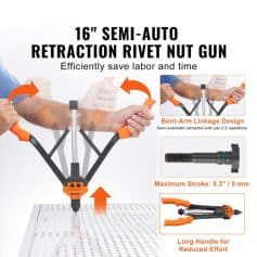 16-inch semi-auto retraction rivet nut gun for efficient labor-saving installation, featuring bent-arm linkage design and long handle for reduced effort.